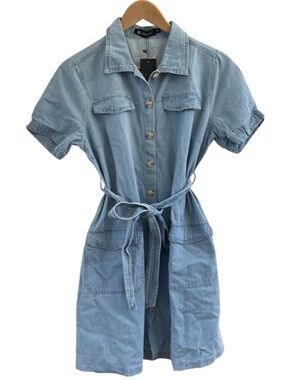 NWT Allegra K Womens Light Wash Denim Dress Medium Belted Shirt Dress Utility